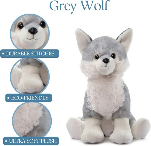 Vista 6 de The Petting Zoo Peluche de lobo gris, regalos para niños, animales salvajes del zoológico Onez, juguete de peluche jumbo de lobo gris de 20 pulgadas