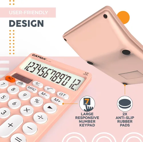 Vista 5 de CATIGA Calculadora de escritorio de 12 dígitos Calculadora de escritorio básica con pantalla LCD grande, botones grandes, 4 funciones, energía solar