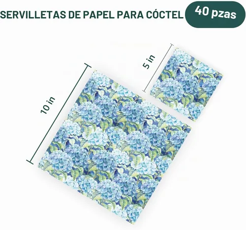 Vista 3 de Servilletas de papel desechables de hortensias azules - 40 servilletas