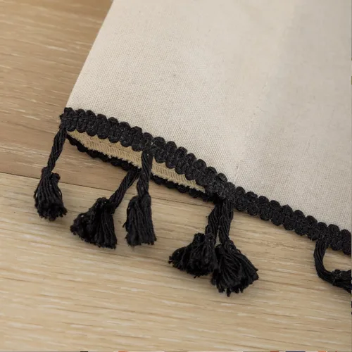 Vista 5 de Coral Fish Cenefa bohemia para ventana de cocina, cortinas geométricas para baño con patrones étnicos negros y flecos de macramé, cortina pequeña