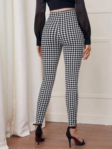 Vista 2 de Floerns Leggings con estampado de pata de gallo para mujer, pantalones ajustados con cintura elástica