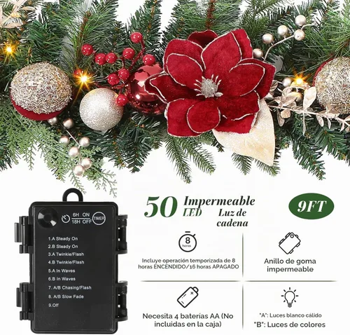 Vista 3 de SHareconn Guirnalda de Navidad preiluminada de 8.9 pies con luces LED multicolor, temporizador que funciona con pilas, incluye bola de flor