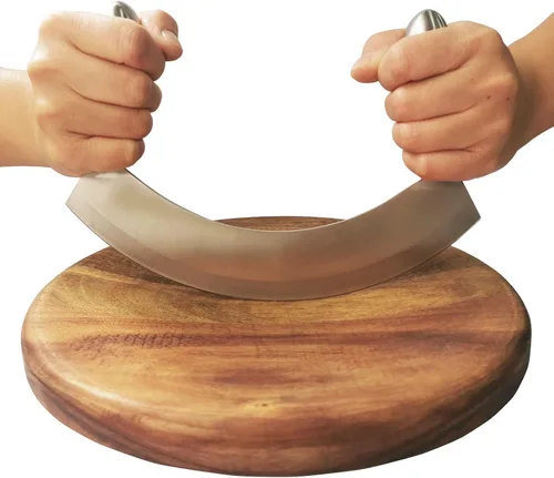Vista 3 de Cuchillo Mezzaluna de 8.7 pulgadas con tabla de cortar de madera, cortador de ensalada de acero inoxidable, cortador de pizza, cuchillo basculante