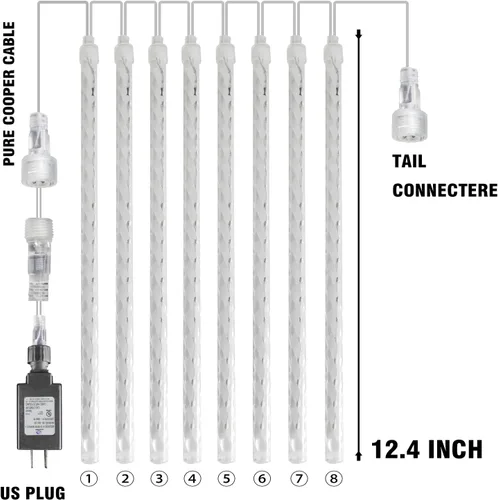 Vista 2 de Dazzle Bright 288 luces LED de Navidad, luces de lluvia de meteoritos de 11.8 pulgadas con 8 tubos, enchufe impermeable, luces de lluvia que caen