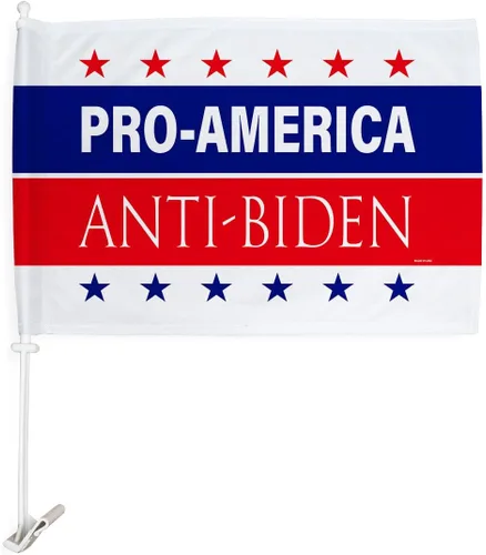 Vista 2 de Trump Flag Paquete de banderas estadounidenses anti Biden de Estados Unidos, soporte de montaje para decoración de ventana de automóvil, pequeño Pro