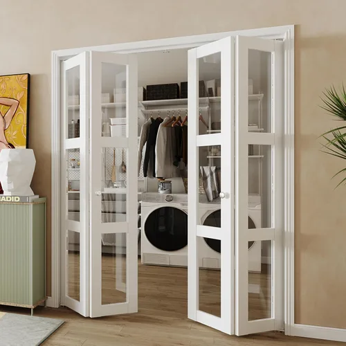 Vista 13 de BARNER HOME Puerta plegable, puerta de armario de cristal transparente de 3 lites, para apertura de 48 x 80 pulgadas, puertas plegables con kits