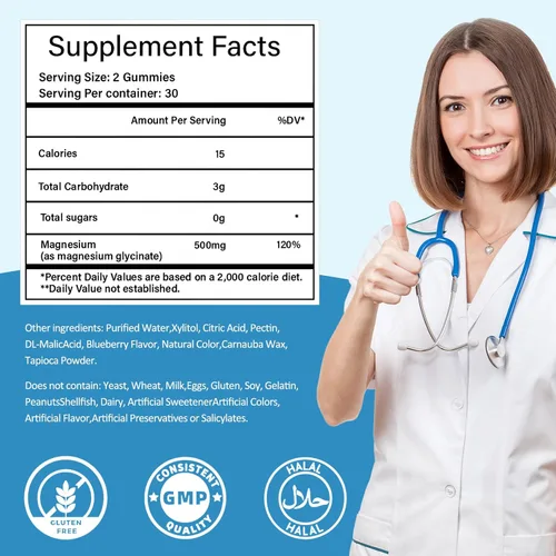 Vista 4 de Gomitas de glicinato de magnesio 500mg, sin azúcar para adultos y niños, gomitas de magnesio para dormir, estrés y alivio muscular, apoya la salud
