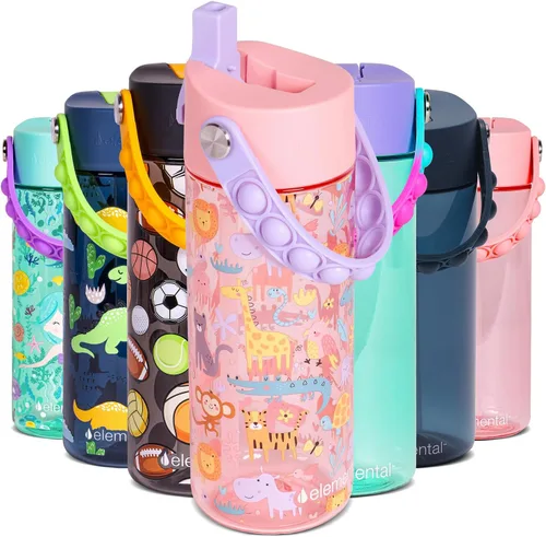 Vista 37 de Elemental Botellas de agua para niños – Botella de agua para niños Splash para la escuela con mango Pop-it – Botella de agua de plástico Tritan sin