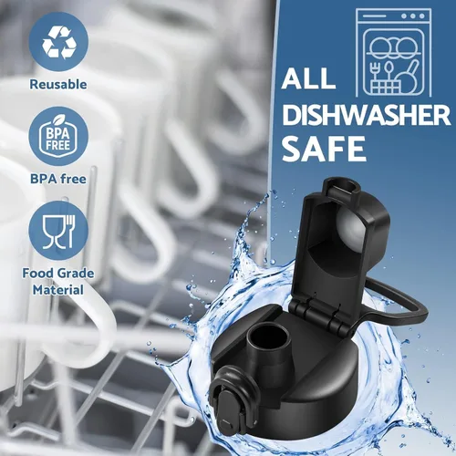 Vista 7 de Tapa de repuesto para botella de agua de boca ancha con mosquetón de bloqueo en forma de anillo en D, boquilla automática y bloqueo de botón
