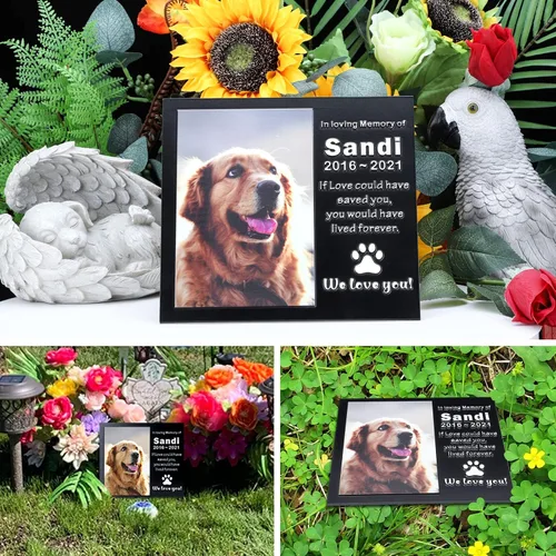 Vista 2 de Piedra sepulcral para mascotas para perros o gatos con placa grabada, piedra conmemorativa para césped y jardín, nombre personalizado y mensaje