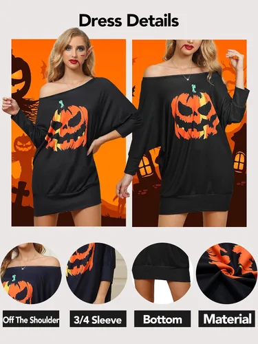 Vista 4 de XISOXU Camisas de Halloween para mujer disfraz sexy con hombros descubiertos manga 34 para fiesta calabaza sudaderas
