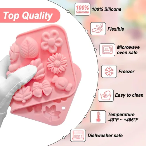 Vista 3 de Moldes de silicona florales de caramelo de flores, 2 unidades, moldes de chocolate con margarita, tulipán, rosa, pajarita, hojas de gelatina, molde