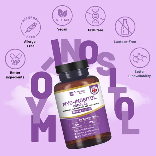 Vista 3 de Complejo de mio-inositol 120 tabletas veganas de 7000 mg por porción con raíz de maca negra, cromo, ácido fólico y vitamina B12 Balance hormonal