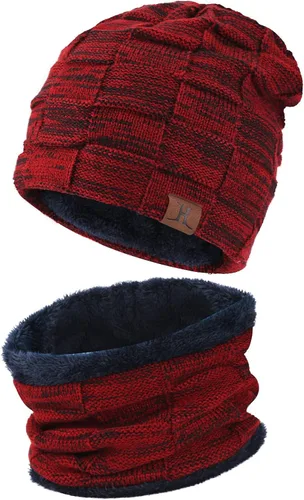 Vista 2 de Conjunto de gorro de invierno para hombre, gorro de punto cálido, gorro de calavera, calentador de cuello con forro polar grueso, gorro de invierno