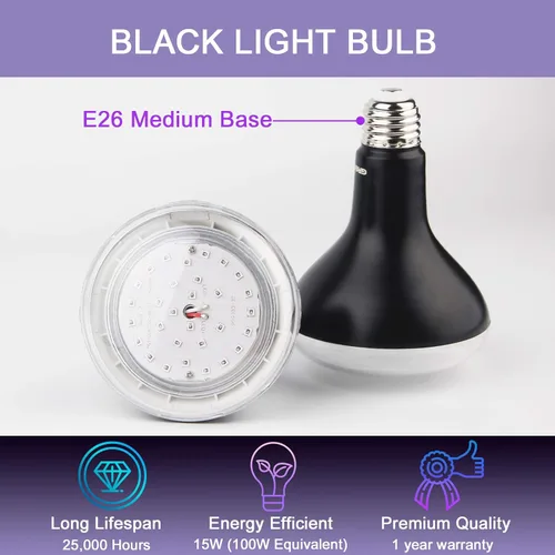 Vista 4 de GREENIC Bombillas LED UV negras de 15 W (equivalente a 100 W) base mediana BR30 E26, nivel UVA, 385-410 nm, luz negra UV que brilla en la oscuridad