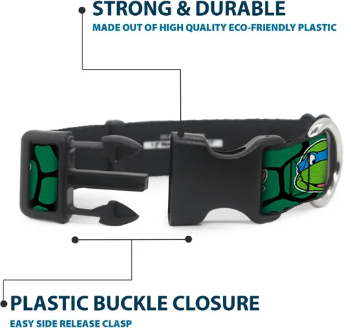 Vista 4 de Buckle-Down Classic Tmnt Turtle Faces Black/Green Turtle Shell Clip Collar, pequeño/9-15 pulgadas, multicolor