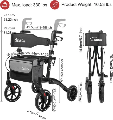 Vista 8 de Andador con ruedas para personas mayores/adultos plegable en dos direcciones con asiento de 330 libras de capacidad, 4 ruedas grandes de 8 pulgadas
