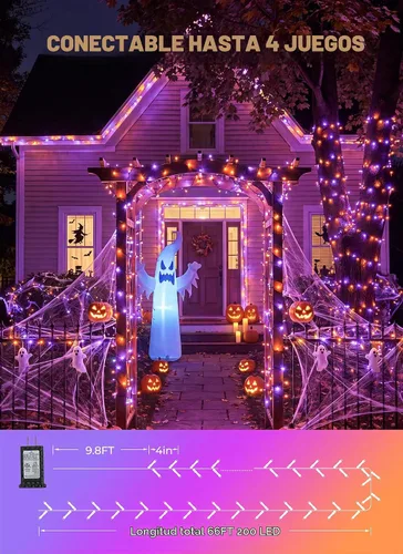 Vista 5 de Minetom 200 LED Halloween String Lights 66FT Outdoor Halloween Lights Purple & Orange