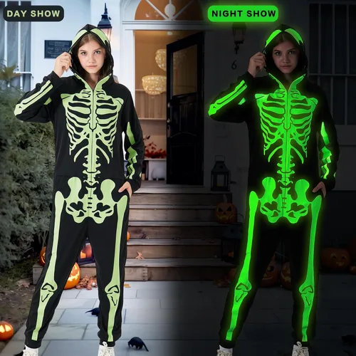 Vista 3 de PARTISKY Adult Onesie Skeleton Costume Women & Men, Glow in the Dark Halloween Skeleton Jumpsuit with Zipper Hooded