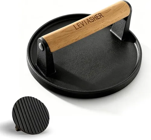 Vista 14 de Paquete de 2.1 libras de peso para carne y hamburguesa, base a rayas, prensa de hierro fundido resistente de 7 x 4 pulgadas con mango de madera