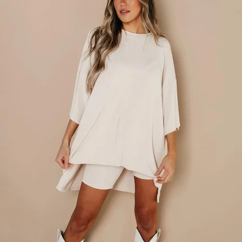 Vista 3 de Two Piece Outfits for Women Summer Weekend Loungewear Sets Oversized Tee & Biker Short Set Ribbed Knitted Tracksuit