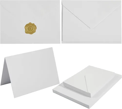 Vista 12 de Paquete de 50 sobres A6 color crema con tarjetas de cartulina gruesa plegada de 4 x 6 pulgadas y calcomanías doradas para tarjetas de felicitación