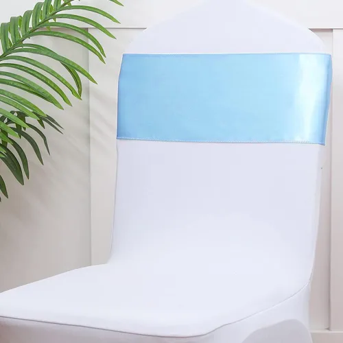 Vista 6 de Bandas de satén para sillas de color azul bebé, paquete de 50 lazos para sillas de color azul claro para boda, revelación de género, baby shower