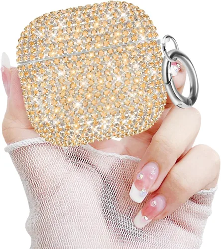 Vista 10 de Newseego Funda para AirPods de 1 y 2 generación, funda de lujo con diamantes de imitación brillantes con llavero para mujeres y niñas, anti-pérdida
