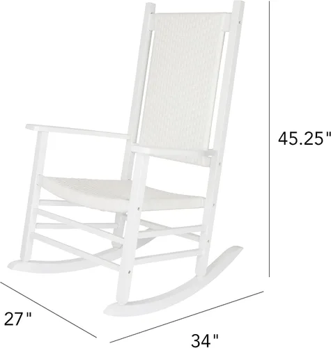 Vista 3 de Shine Company Hampton Mecedora de Porche, Silla Mecedora de Madera con Respaldo Alto, Respaldo y Asiento de Ratán, Blanco