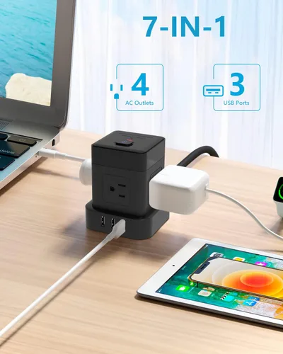 Vista 2 de Baykul - Tira de alimentación de cubo de 5 pies, cable de extensión de enchufe plano, negro, 3 USB, USB-A, Cubo, Viajar Amigable, Carcasa