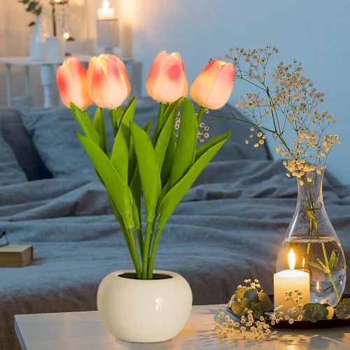 Vista 3 de Lámpara de mesa de tulipán, lámpara de mesa de tulipán, flor de tulipán, funciona con pilas, simulación de flores en maceta, decoración