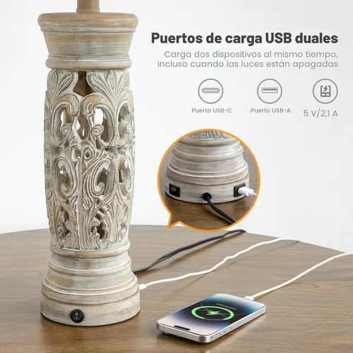 Vista 4 de BOBOMOMO Juego de 2 lámparas de mesa rústicas de granja de 27.25” – Lámparas de noche vintage con luz nocturna y puertos USB A+C, lámparas retro