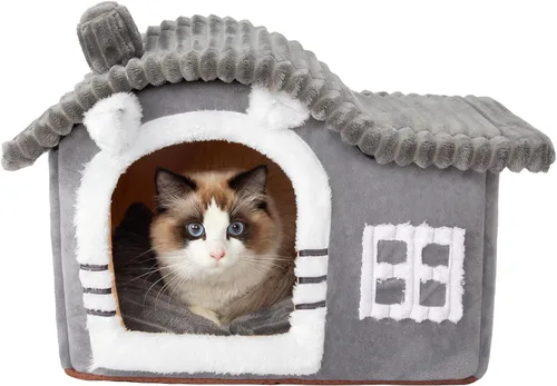 Vista 11 de Jiupety Casas de Gatos con Forma de Oso para Gatos de Interior, Cueva de Cama para Gatos Linda con Chimenea, Suficiente Espacio Interior, Casa Suave