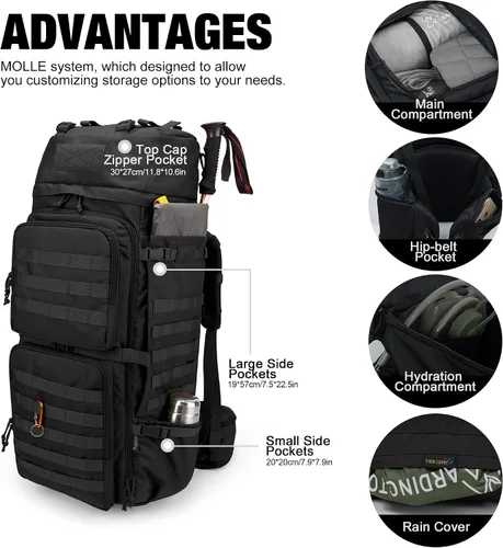 Vista 3 de Mardingtop - Mochila de 75L Molle para senderismo con estructura interna, con cubierta para la lluvia, para campamentos, viajes de mochilero, viajes
