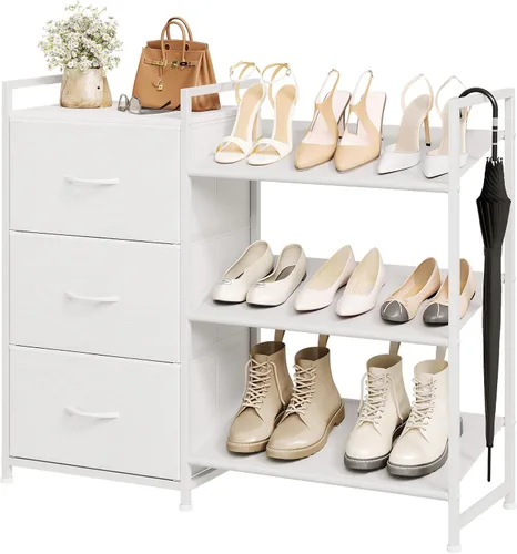 Vista 10 de Somdot Zapatero, organizador de zapatos de 3 niveles con 3 cajones, estante de almacenamiento de zapatos de metal para 6-9 pares de zapatos, Negro