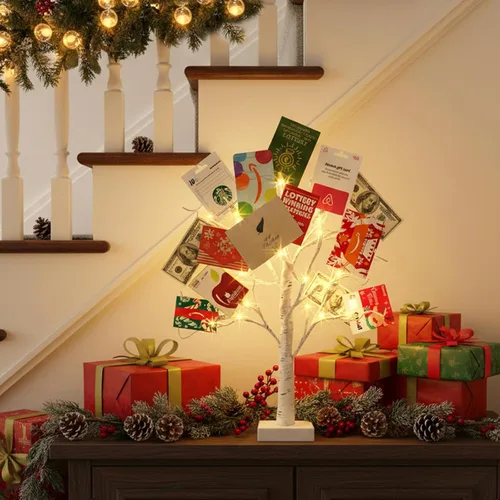 Vista 5 de EAMBRITE Soporte para Regalo de Árbol de Dinero, Árbol de Abedul Iluminado de 2 Pies 24LED, Temporizador Alimentado por Batería/USB, Pantalla