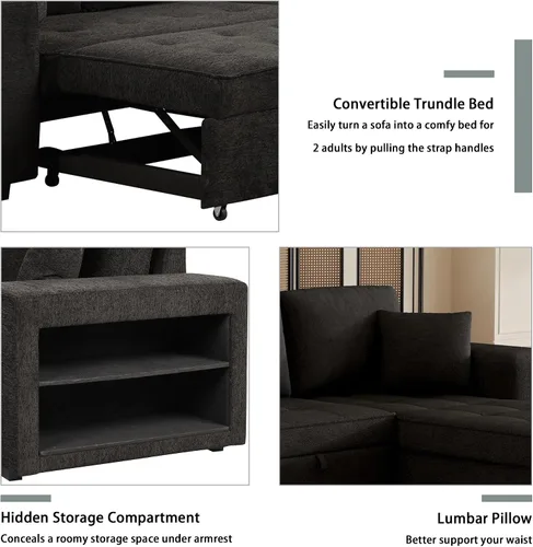 Vista 4 de Sofá cama modular de 104 pulgadas con diván de almacenamiento y taburetes para sala de estar, moderno sofá cama extraíble de 3 asientos