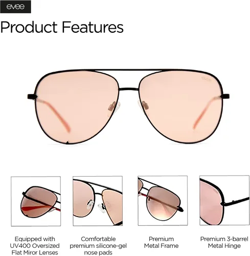 Vista 5 de EVEE Gafas de sol de aviador de metal a la moda con lentes de espejo reflectantes planos de gran tamaño (GEMINI)