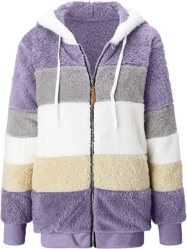Vista 4 de Chaqueta de forro polar para mujer, mullida, sherpa, a la moda, casual, holgada, de felpa, a rayas, con capucha, abrigo