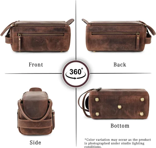 Vista 7 de Neceser de cuero hecho a mano de primera calidad para hombres y mujeres, kit de cuero genuino Dopp y bolsa de afeitar para hombres, bolsa
