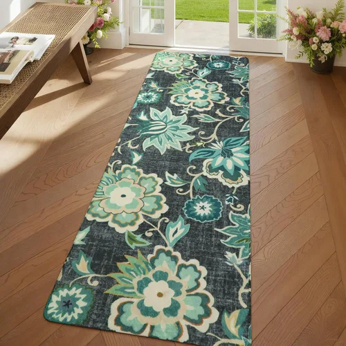 Vista 61 de Lahome - Tapete floral con estampado de cachemira, lavable, antideslizante, pequeño, anti-manchas, suave, para baño, entrada, dormitorio, Negro