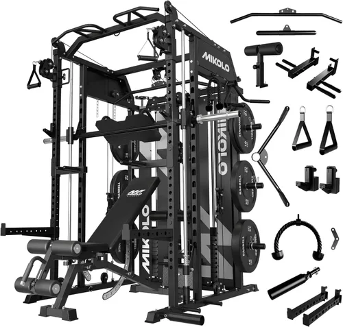 Vista 15 de Mikolo - Máquina Smith con pila de pesas, sistema de gimnasio en casa tipo jaula de potencia con tracción LAT y cruce de cable, entrenador
