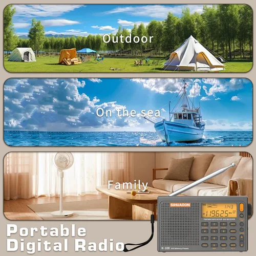 Vista 7 de SIHUADON R-108 Radio portátil AM FM SW LW Airband, pequeña radio de emergencia retro digital funciona con pilas, 5 W, altavoz con alarma