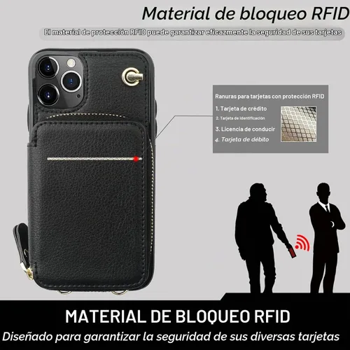 Vista 3 de Bocasal Funda tipo cartera cruzada para iPhone 11 Pro Max, funda de piel con bloqueo RFID y soporte para tarjetas, funda protectora con cremallera
