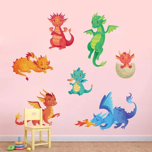 Vista 4 de Calcomanías de pared de dragón grande, calcomanías de pared de dinosaurios 3D de dibujos animados, calcomanías de pared de dinosaurios de dragón