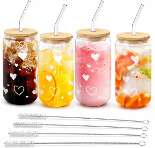 Vista 15 de Tazas de vidrio con tapas y pajitas de 16 onzas, set de 16 – Tazas de café helado para fiestas navideñas, reuniones familiares y anfitrionaje diario