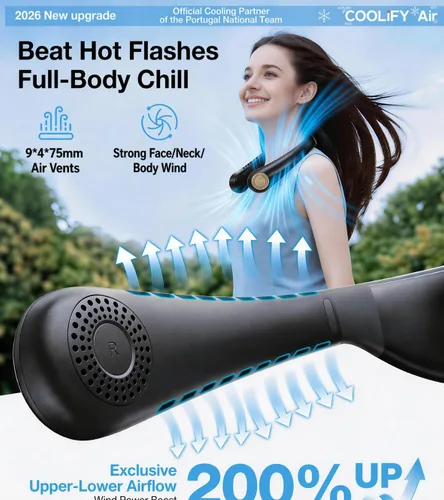Vista 4 de TORRAS COOLiFY Ventilador de Aire para Cuello, Aire Acondicionado, Flujo de Aire 3D, Ventilador Portátil Ligero Recargable, Ventilador de Negro