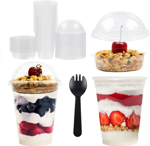 Vista 8 de Vasos de postre helado - 9 onzas - 50 unidades - Vasos de postre reutilizables con tapas de cúpula y insertos - Plástico transparente cristalino - A