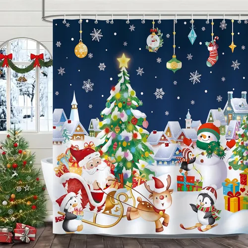 Vista 10 de Bonhause Cortina de Ducha de Árbol de Navidad Cajas de Regalo de Árbol de Navidad Noche Milagrosa Cortina de Baño Decorativa 72 x 72 Pulgadas Tela