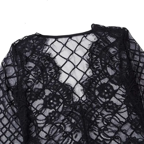 Vista 6 de Enterizo de malla transparente para mujer, de manga larga, con cuello en V, sexy, malla delgada, retazos
